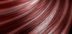 A 3D render of a closeup view of a bunch of shiny straight red hair with highlights in a wavy curved style